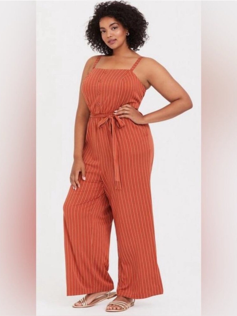 Torrid Striped Rust Wide-Leg Challis Jumpsuit with Tie Waist